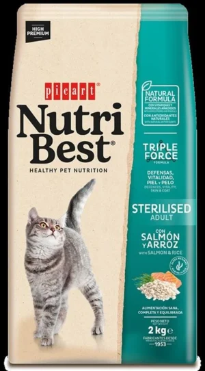 Nutribest Sterilized, אוכל לחתול מסורס. סלמון ואורז 2 קג