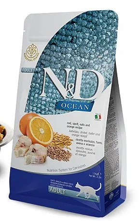 N&D אושן חתול בוגר דג קוד שיבולת שועל ותפוז 1.5 ק"ג