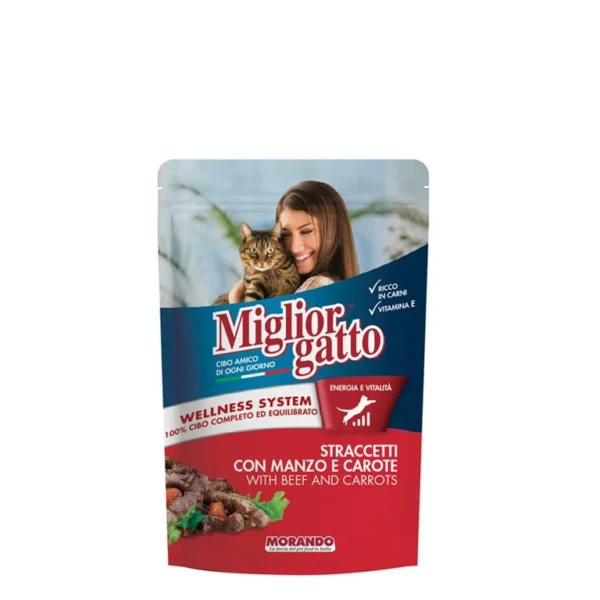 פאוץ' לחתול ,Migliorgatto, נתחים בטעם בקר וגזר 100 גר'