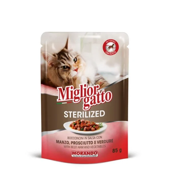 פאוץ' לחתול מסורס,Migliorgatto, נתחים בטעם בקר,חזיר וירקות 85 גר'