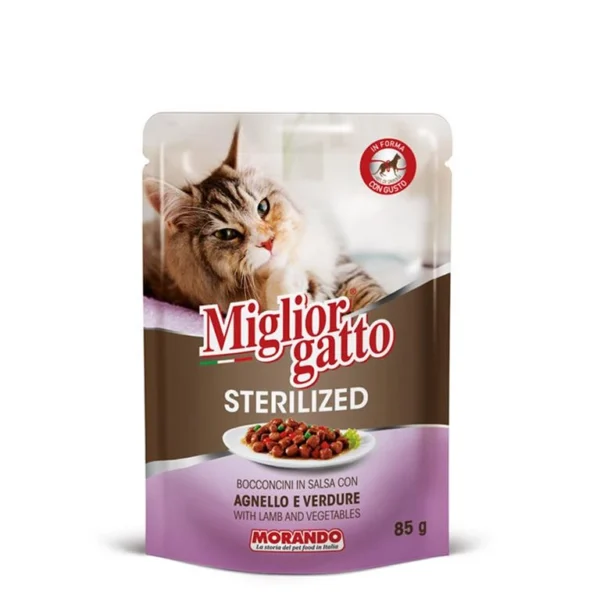 פאוץ' לחתול מסורס,Migliorgatto, נתחים בטעם כבש וירקות 85 גר'