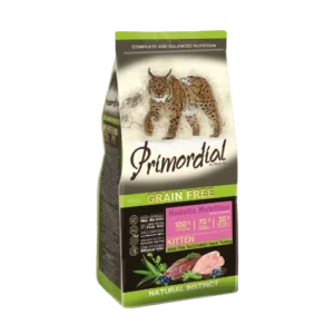 פרימורדיאל ללא דגנים לגורי חתולים – הודו ברווז אוכמניות לספדזה 2 ק"ג Primordial Grain Free For Kittens - Turkey Duck Bilberry Lespedeza