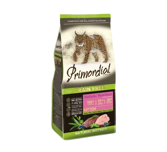 פרימורדיאל ללא דגנים לגורי חתולים – הודו ברווז אוכמניות לספדזה 2 ק"ג Primordial Grain Free For Kittens - Turkey Duck Bilberry Lespedeza