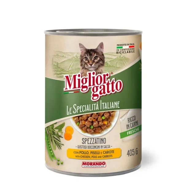 שימורים לחתול, Le Specialita Italiana, נתחים בטעם עוף, אפונה וגזר 405 גר'