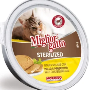 שימורים לחתול מסורס,Migliorgatto, מוס בטעם עוף וחזיר 85 גר'