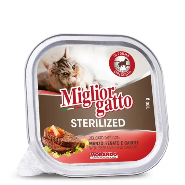 שימורים לחתול מסורס,Migliorgatto, פטה בטעם בקר,כבד וגזר 100 גר'
