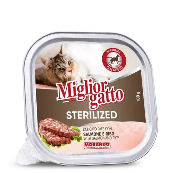 שימורים לחתול מסורס,Migliorgatto, פטה בטעם סלמון ואורז 100 גר'