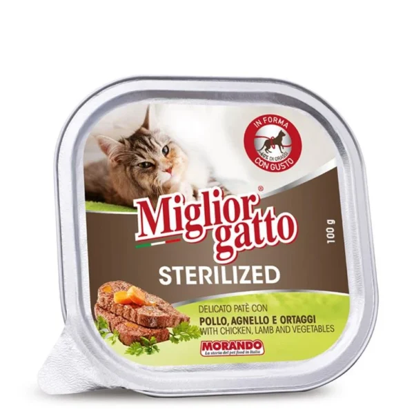 שימורים לחתול מסורס,Migliorgatto, פטה בטעם עוף,כבש וירקות 100 גר'